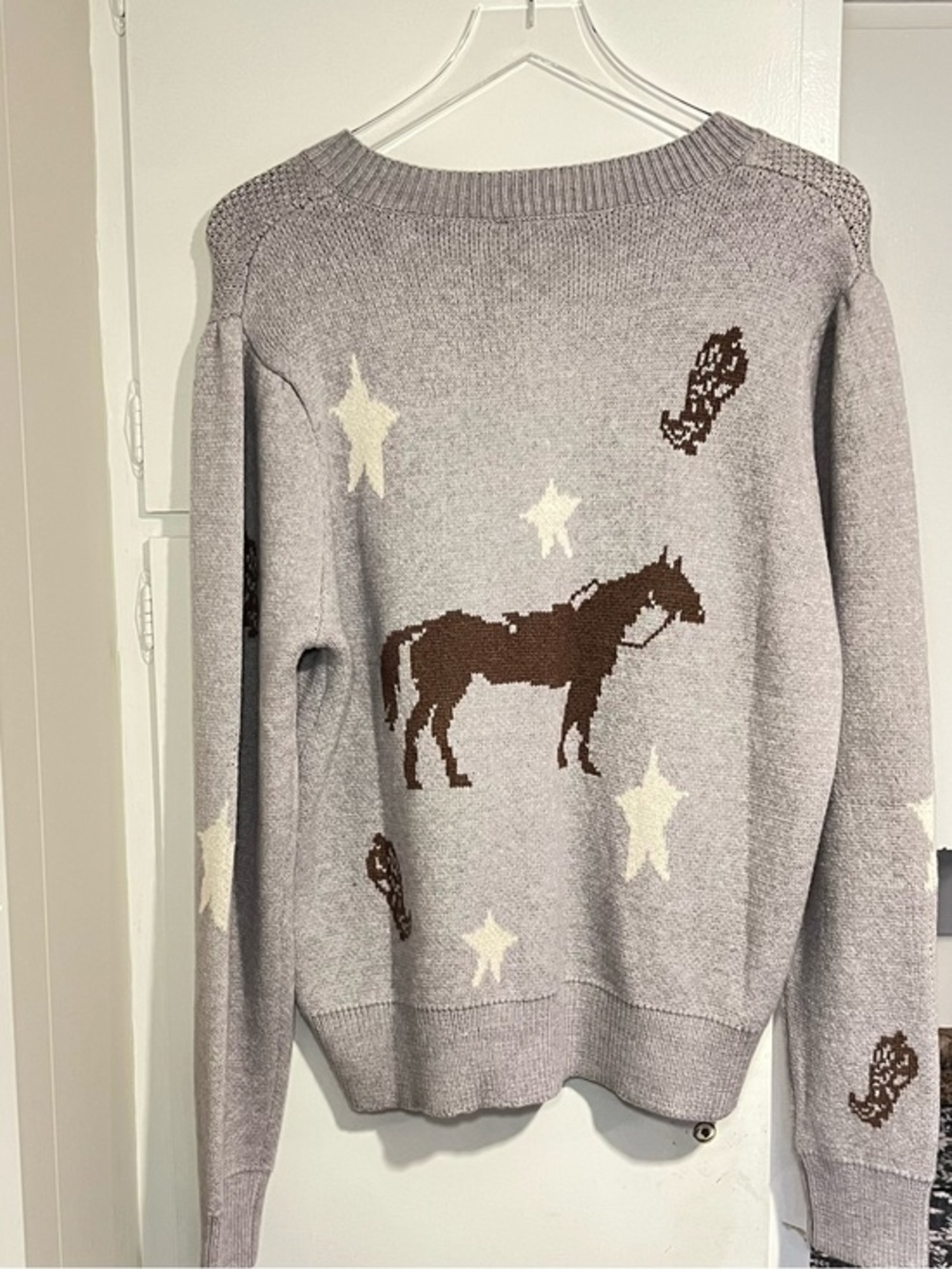 NWT Knit Cardigan BoHo Western Horse Equestrian Boots Stars Gray Brown Cream XL - Picture 12 of 16